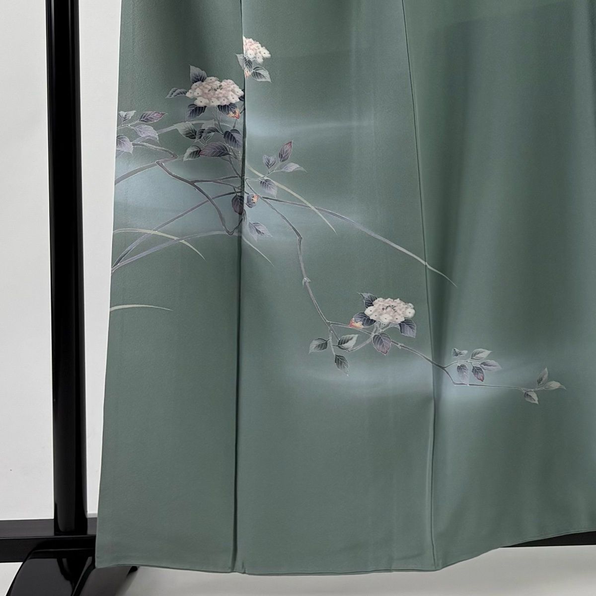 訪問着 身丈160cm 裄丈67cm M 袷 落款 紫陽花 ぼかし 灰緑 正絹 秀品