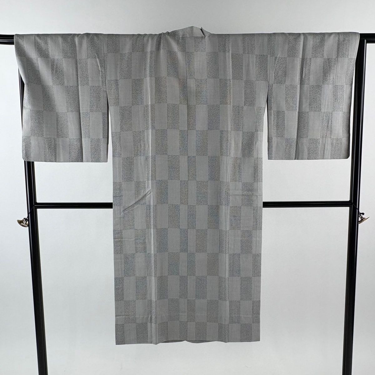 道行 身丈124 5 cm 裄丈65 M 和装コート 千代田衿 市松 絣柄 灰色 正絹 秀品