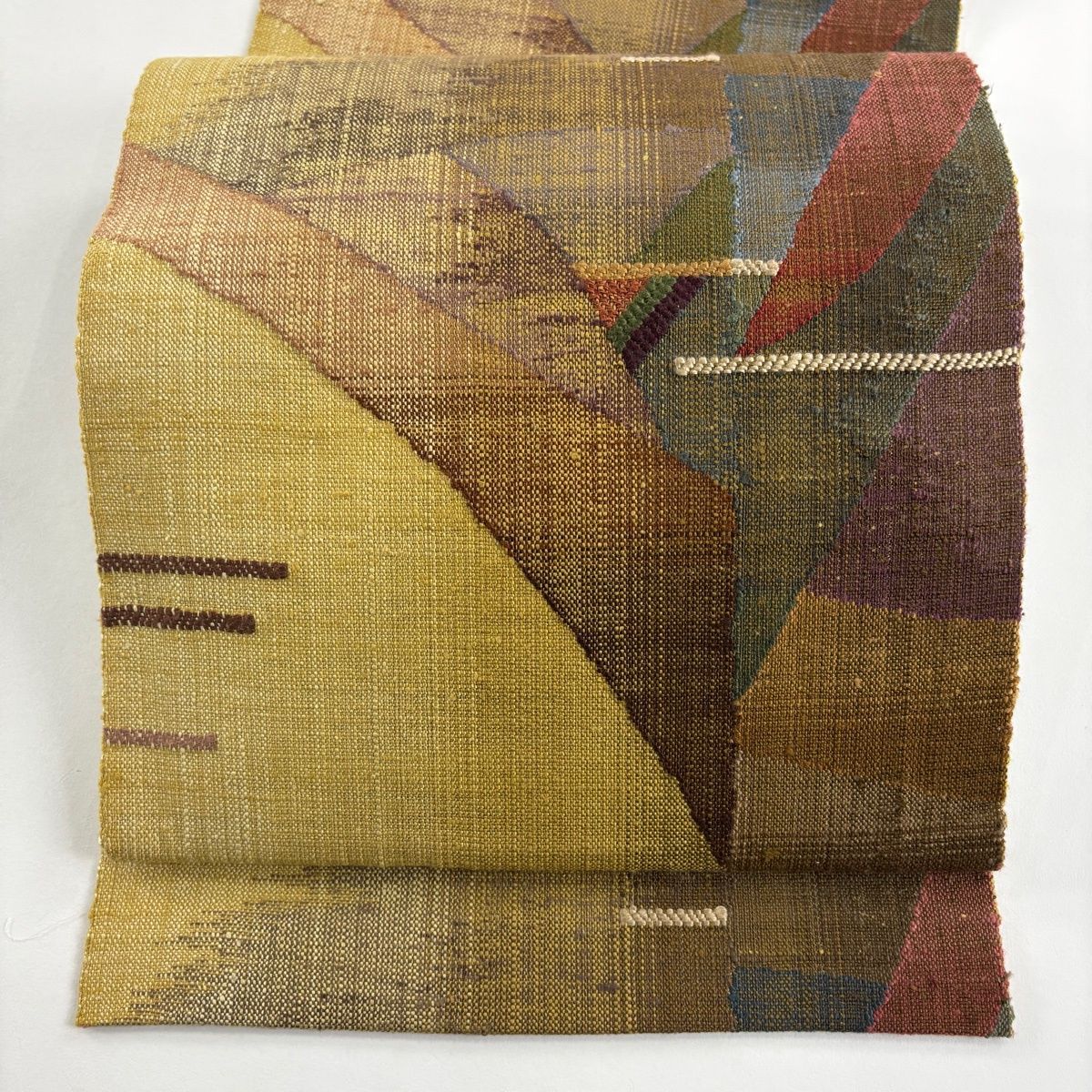 美品】 名古屋帯 名品 渡文 落款 証紙 松葉仕立て 八寸名古屋帯 幾何学