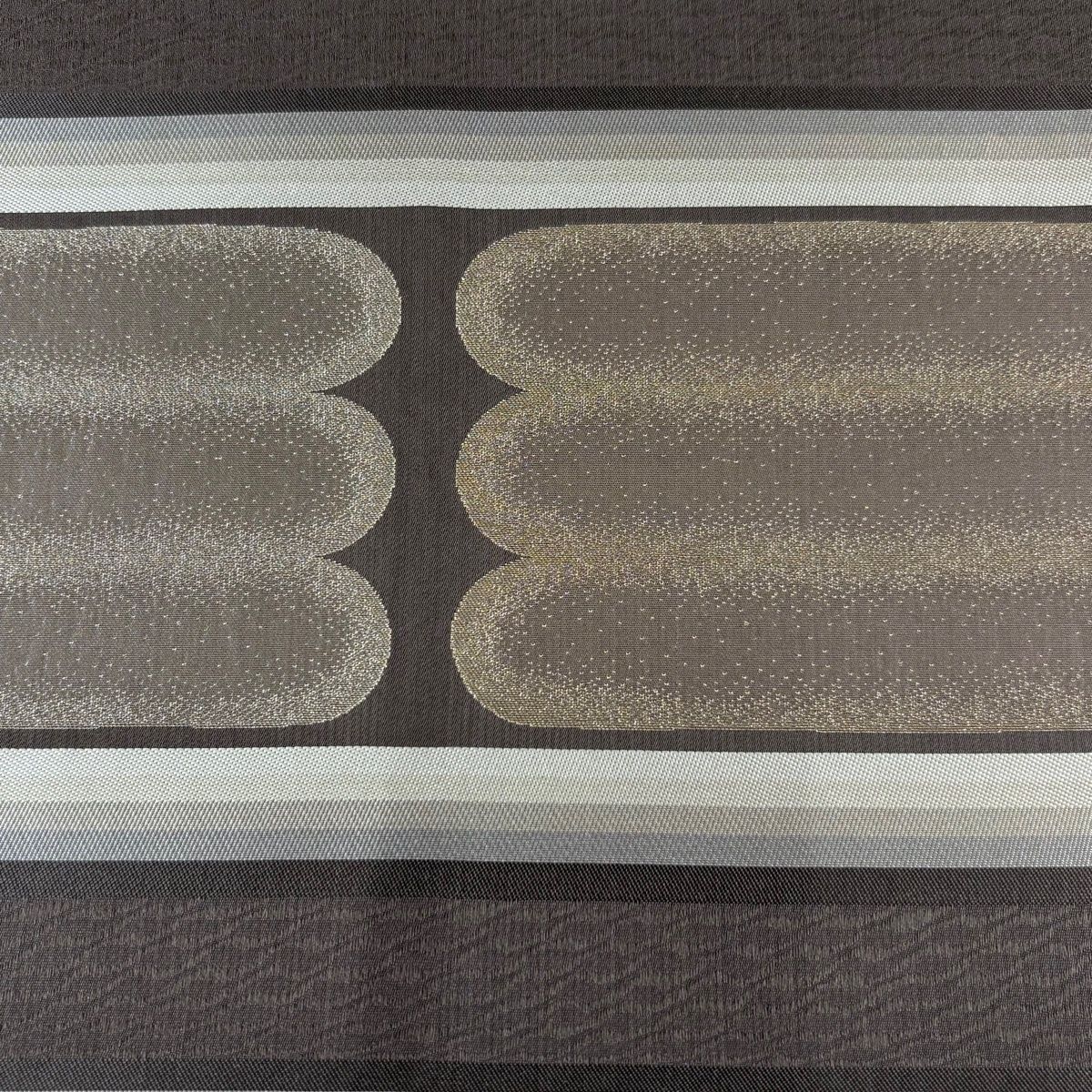 美品】 袋帯 名品 加納幸 落款 縞 幾何学 金銀彩 茶色 六通 正絹