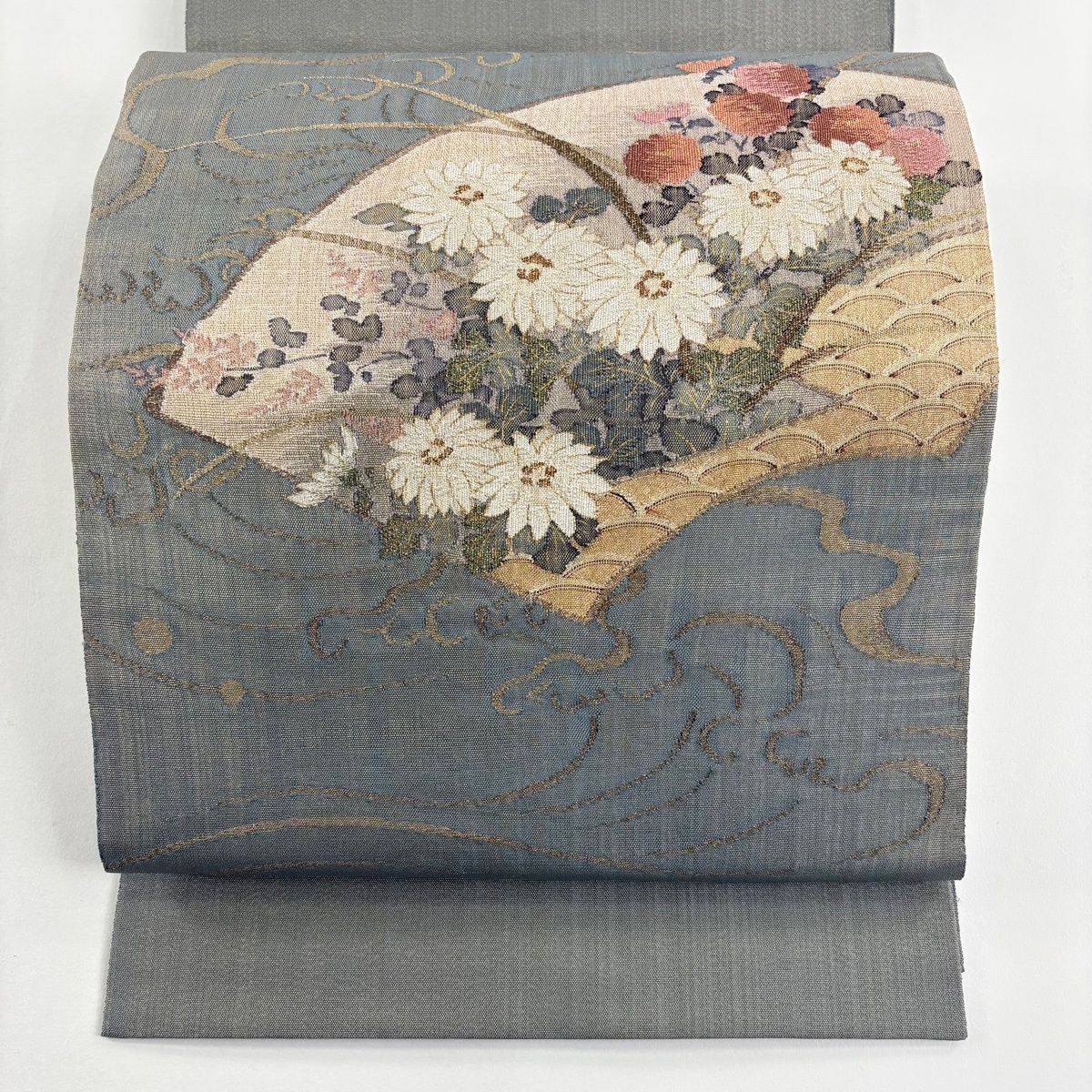 【美品】 袋帯 名品 扇面 草花 金糸 灰緑 お太鼓柄 正絹 【】