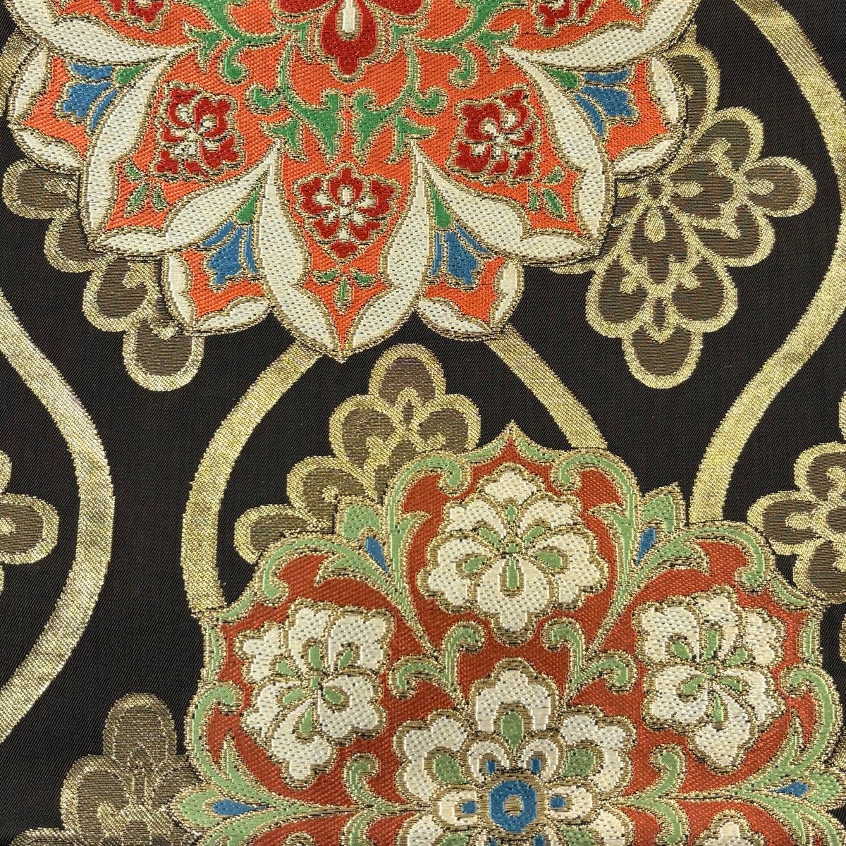 美品】 袋帯 名品 川島織物 落款 華文 箔 金糸 黒 六通 正絹 【中古