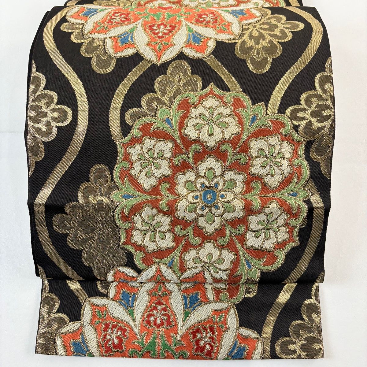 美品】 袋帯 名品 川島織物 落款 華文 箔 金糸 黒 六通 正絹 【中古