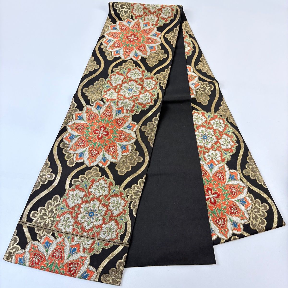 美品】 袋帯 名品 川島織物 落款 華文 箔 金糸 黒 六通 正絹 【中古