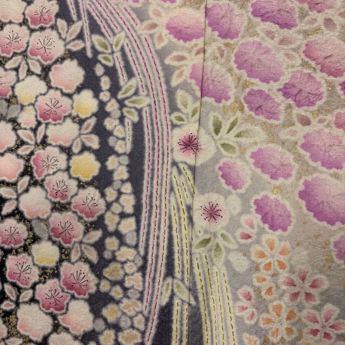 訪問着 身丈157.5cm 裄丈65cm M 袷 桜 波 金彩 絞り 灰紫 正絹 名品