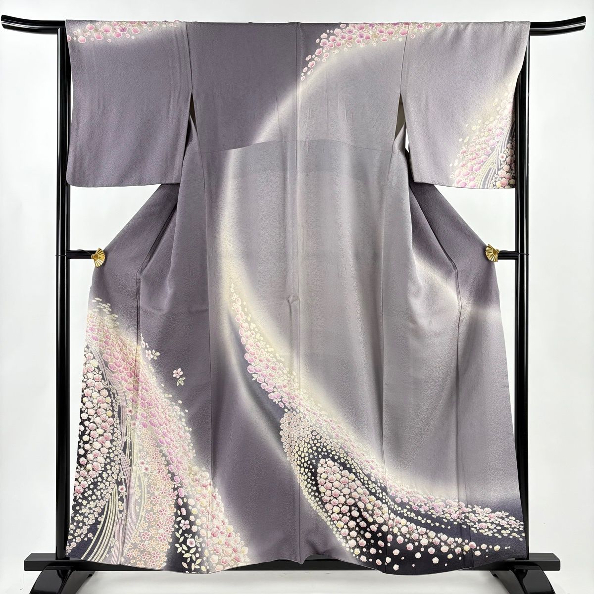 訪問着 身丈157.5cm 裄丈65cm M 袷 桜 波 金彩 絞り 灰紫 正絹 名品