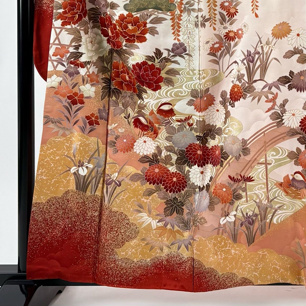 振袖 身丈160.5 cm 裄丈66 M 袷 牡丹 桜 金糸 金彩 クリーム 正絹 名品