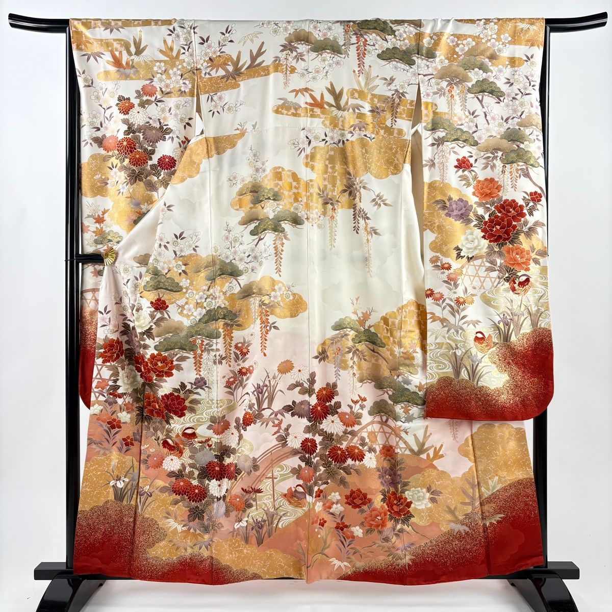 振袖 身丈160.5 cm 裄丈66 M 袷 牡丹 桜 金糸 金彩 クリーム 正絹
