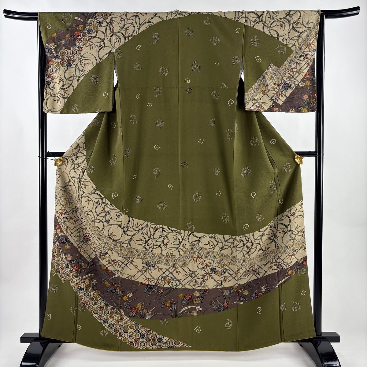 訪問着 身丈163 cm 裄丈65 5 M 袷 扇面 松竹梅 縮緬 茶緑色 正絹