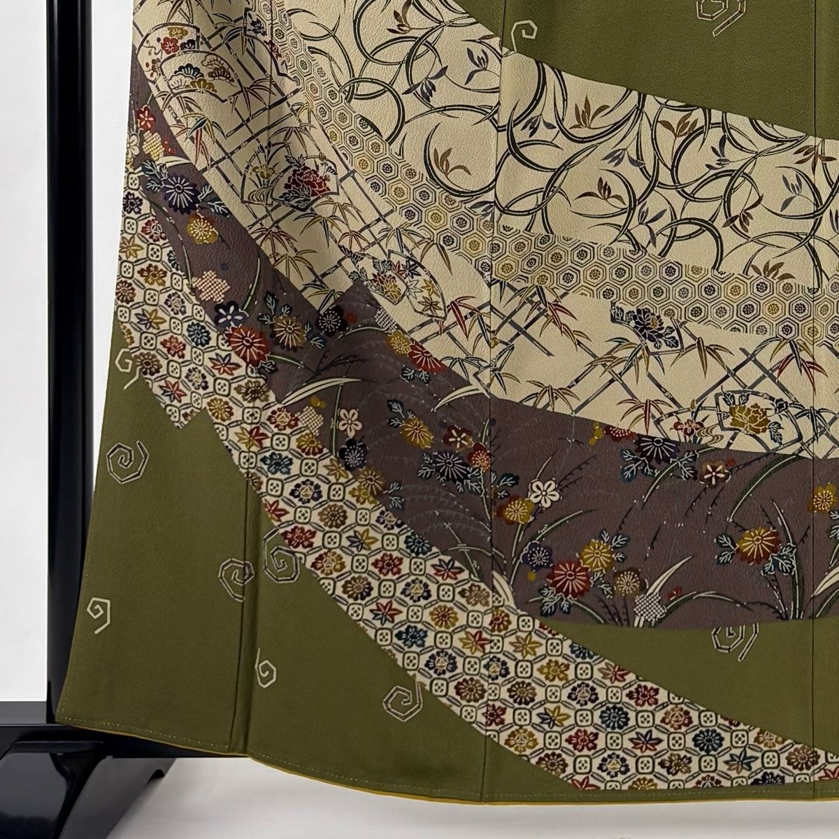 訪問着 身丈163 cm 裄丈65.5 M 袷 扇面 松竹梅 縮緬 茶緑色 正絹