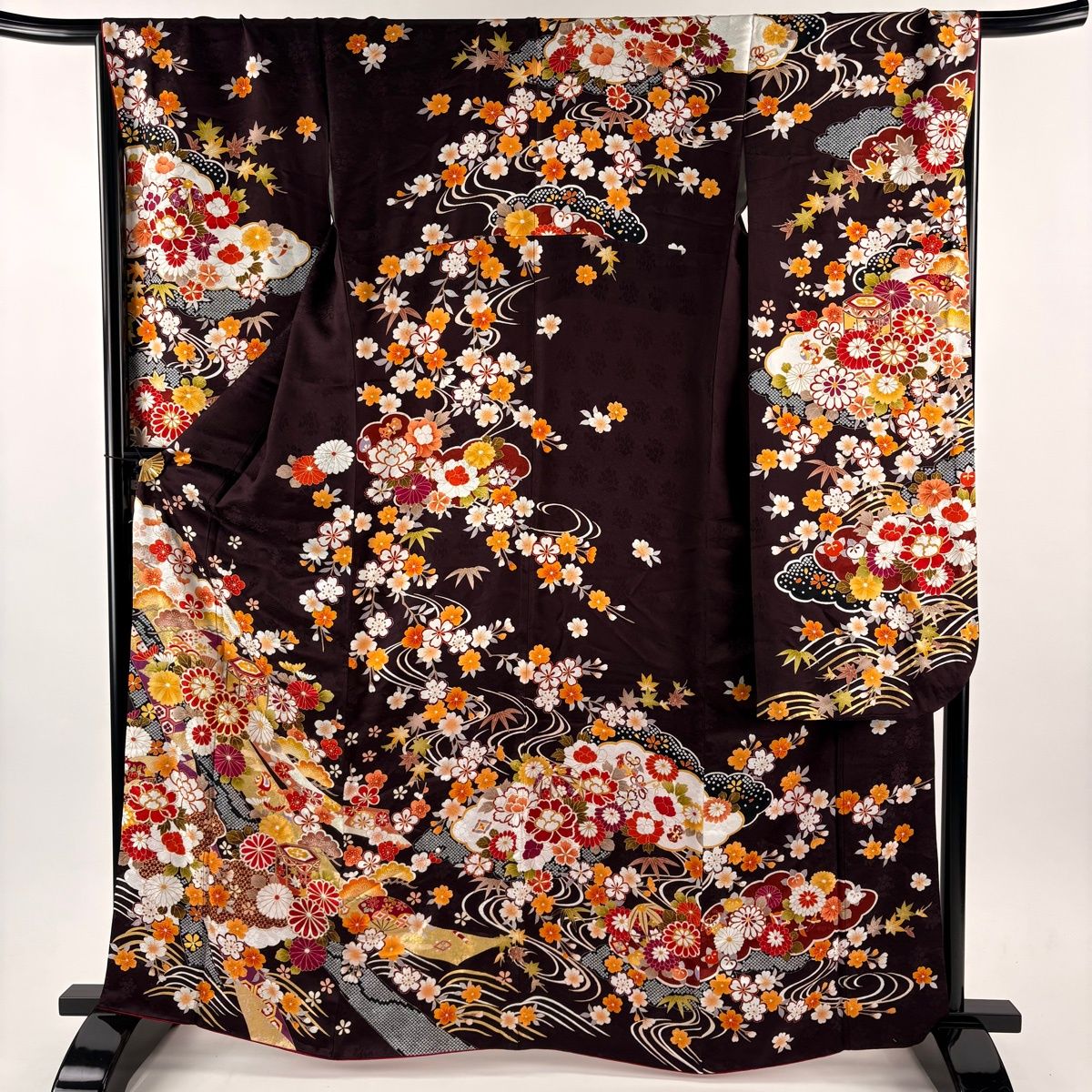 振袖 身丈164.5 cm 裄丈67.5 L 袷 貝桶 草花 金糸 金彩 茶紫 正絹