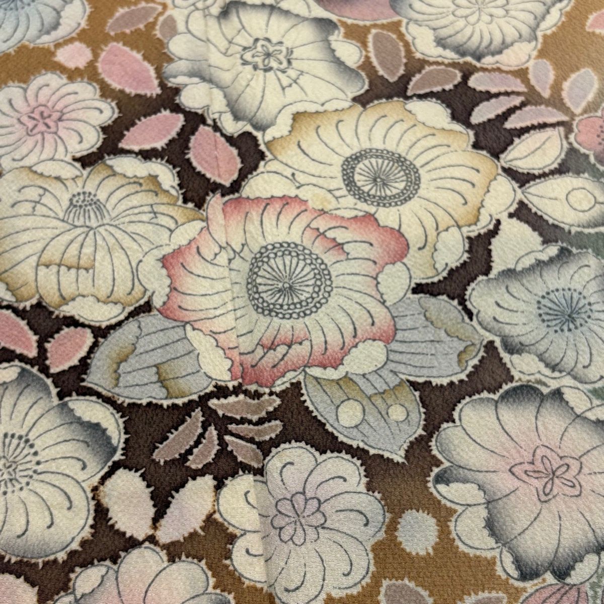  訪問着 身丈160 cm 裄丈64 M 袷 辻が花柄 染め分け 薄茶色 正絹 名品 訪問着 付け下げ 着物