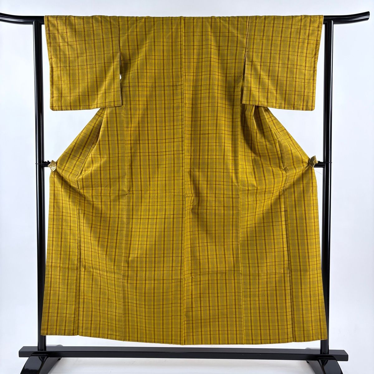 紬 身丈156 cm 裄丈62 S 袷 格子 黄土色 正絹