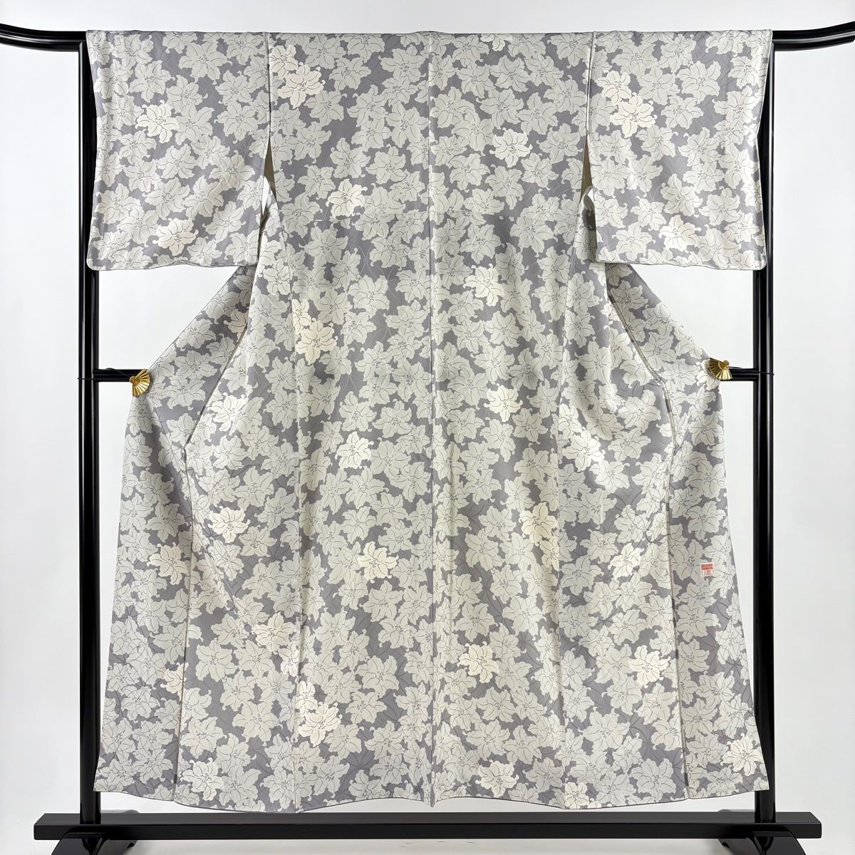 小紋 身丈153 cm 裄丈66.5 M 袷 落款 百合 地紋 灰色 正絹 名品