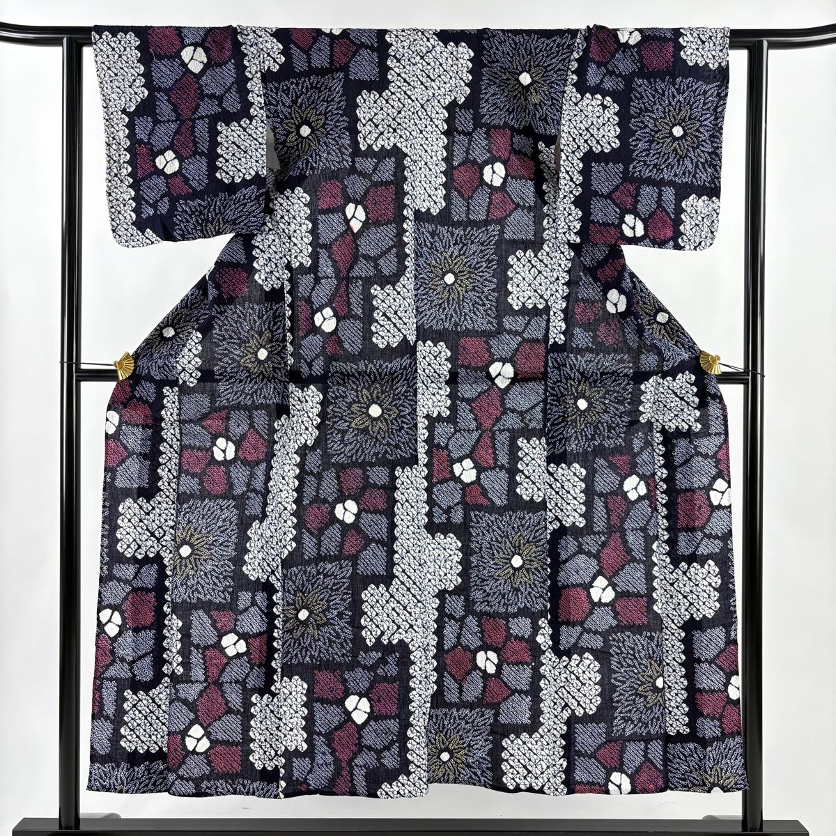 浴衣 身丈152.5 cm 裄丈63.5 S 絞り浴衣 花 幾何学 濃紺 綿 名品