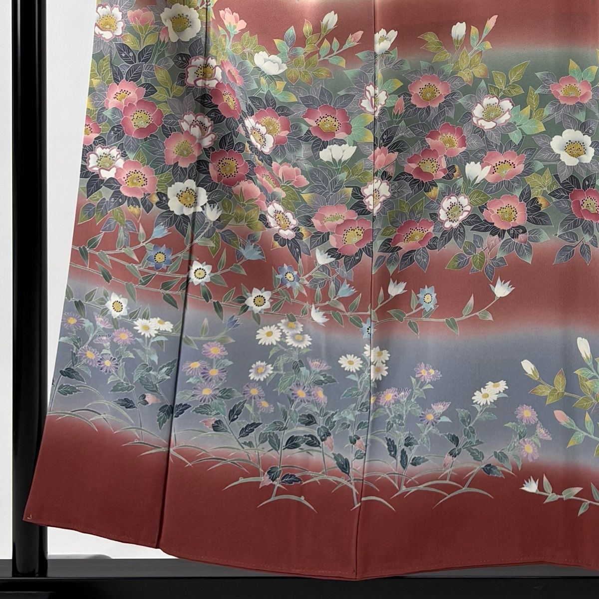 訪問着 身丈156 cm 裄丈65 M 袷 阿部佳雪 落款 草花 雪芝 染め分け ぼかし ピンクベージュ 正絹 名品