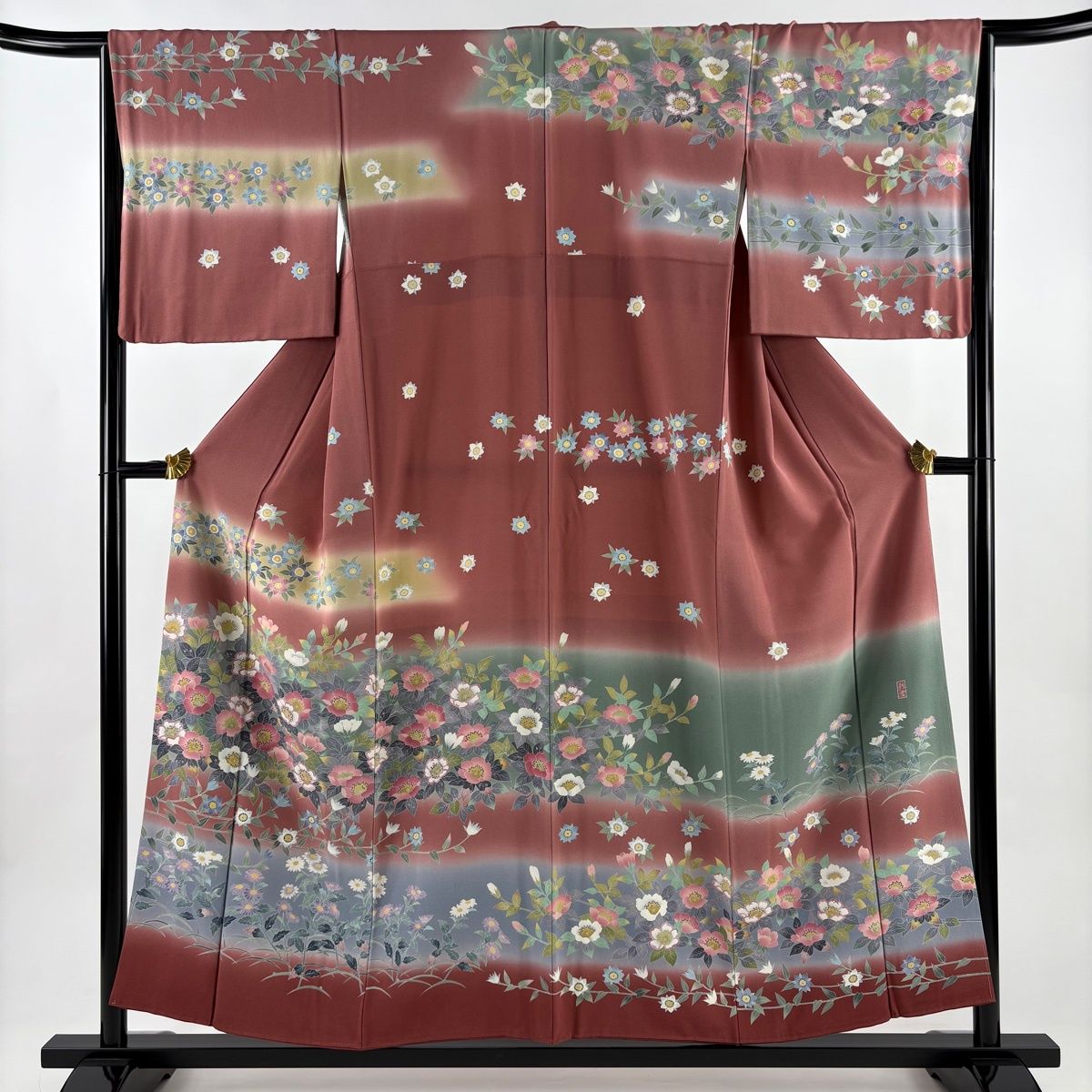 訪問着 身丈156 cm 裄丈65 M 袷 阿部佳雪 落款 草花 雪芝 染め分け ぼかし ピンクベージュ 正絹