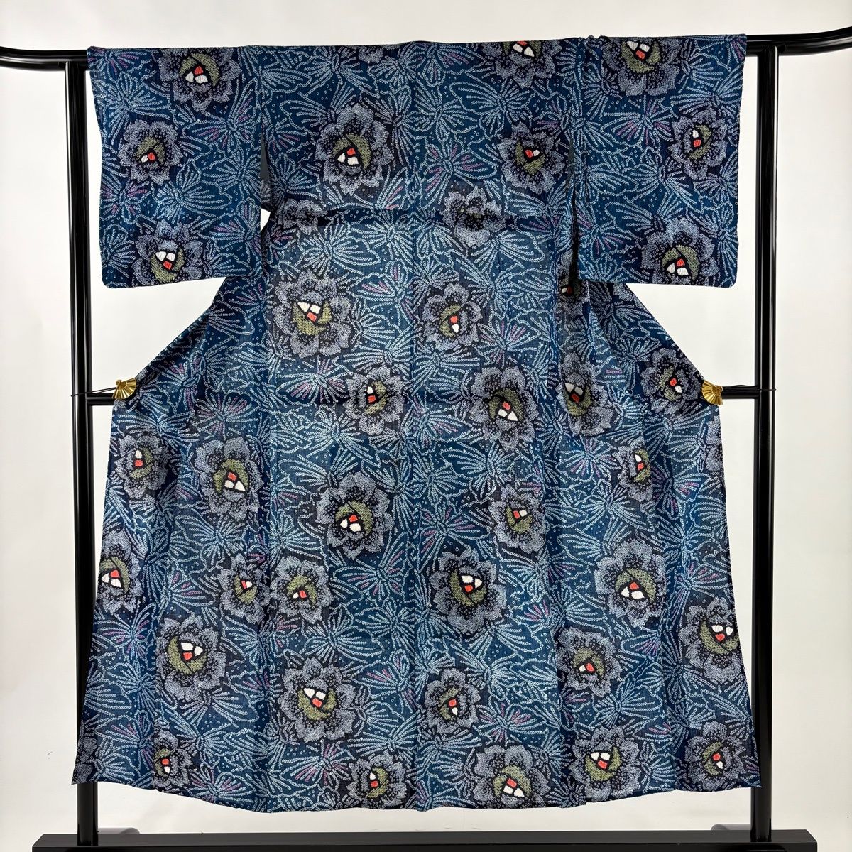 浴衣 身丈150 cm 裄丈61 S 絞り浴衣 花 蝶 青緑 綿 名品