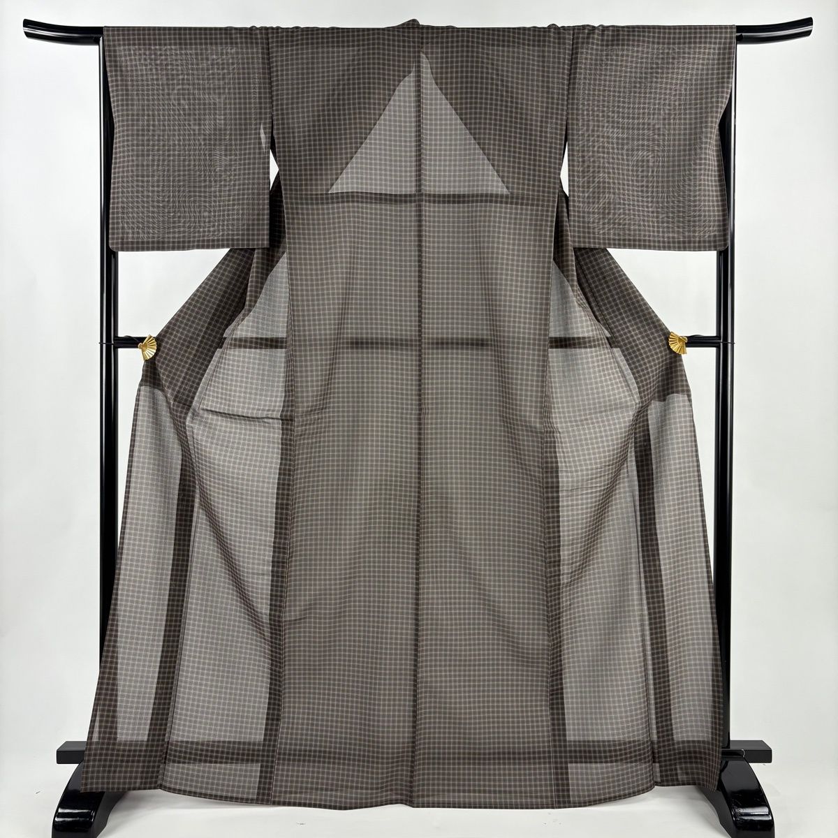 紬 身丈167.5 cm 裄丈66.5 M 薄物 夏紬地 格子 焦茶色 正絹 名品