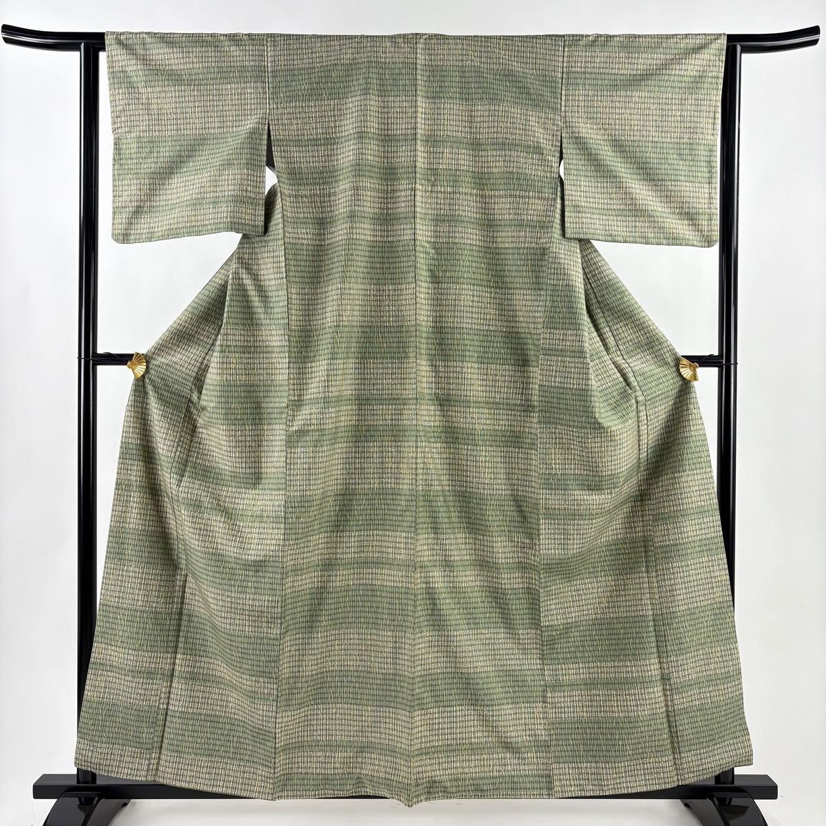小紋 身丈159.5 cm 裄丈62.5 S 袷 紬地 落款 横縞 幾何学模様 よもぎ色 正絹 名品