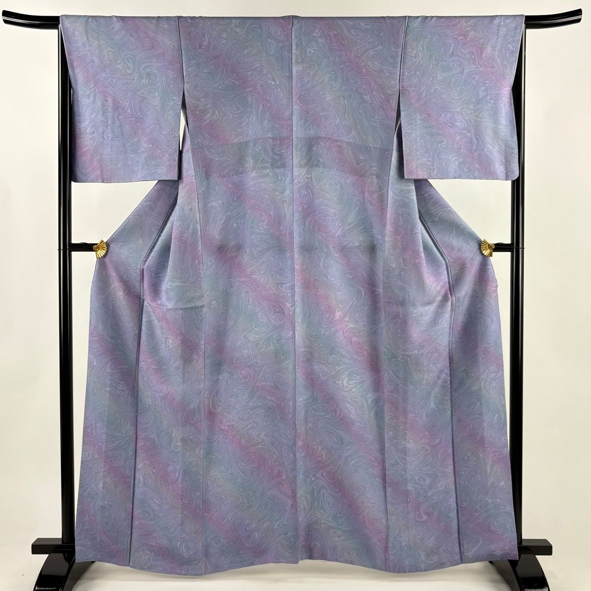 小紋 身丈162 cm 裄丈65 M 袷 墨流し 斜縞 青紫 正絹
