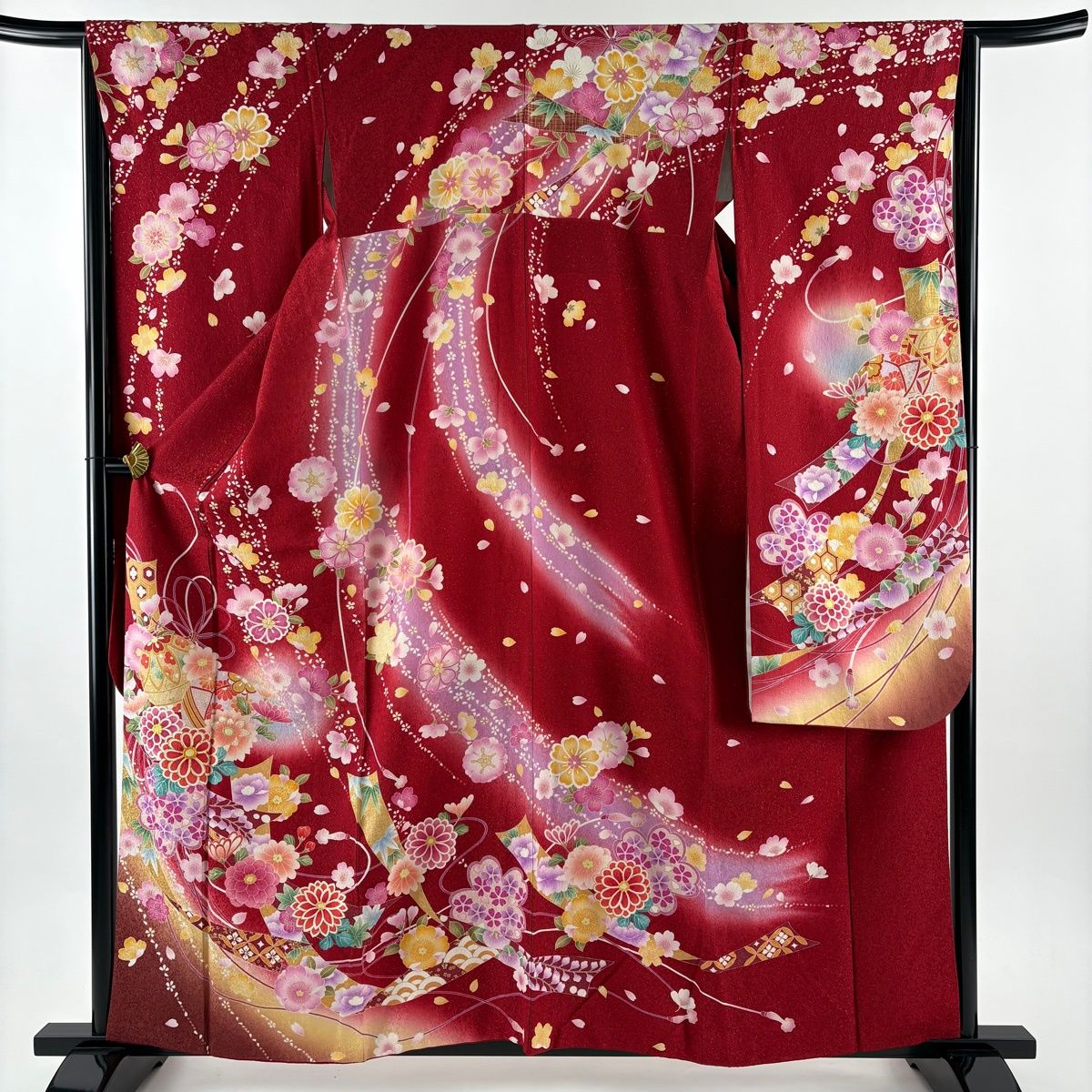 振袖 身丈160 cm 裄丈65 M 袷 手鞠 草花 銀通し 刺繍 赤 正絹