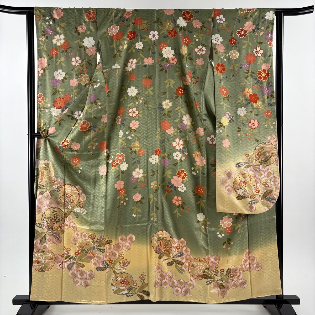 振袖 身丈159.5 cm 裄丈62.5 S 袷 吾妻徳穂 落款 雪輪 枝垂れ桜 金糸 金彩 よもぎ色 正絹