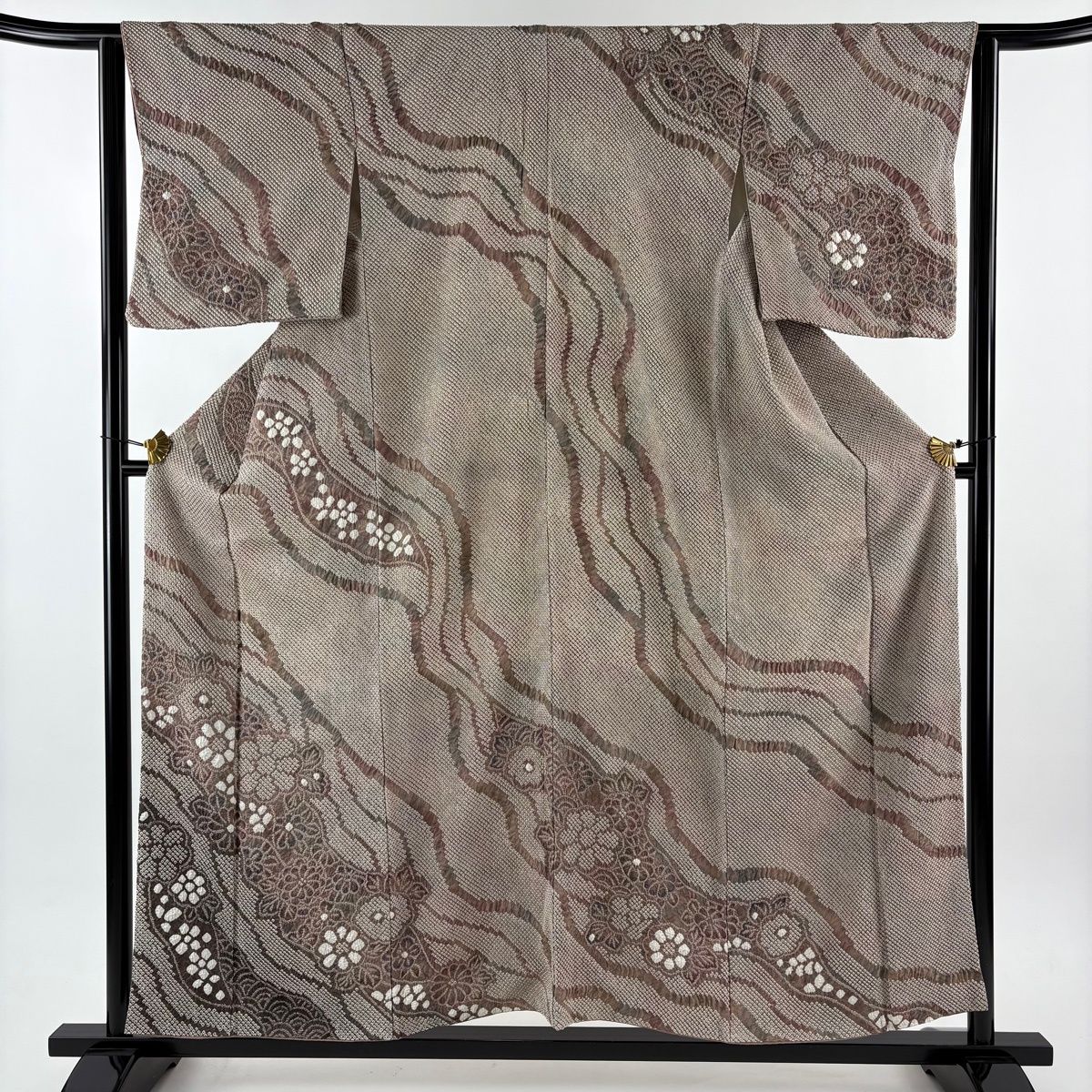 訪問着 身丈156 cm 裄丈63.5 S 袷 菊 青海波 絞り 小豆色 正絹