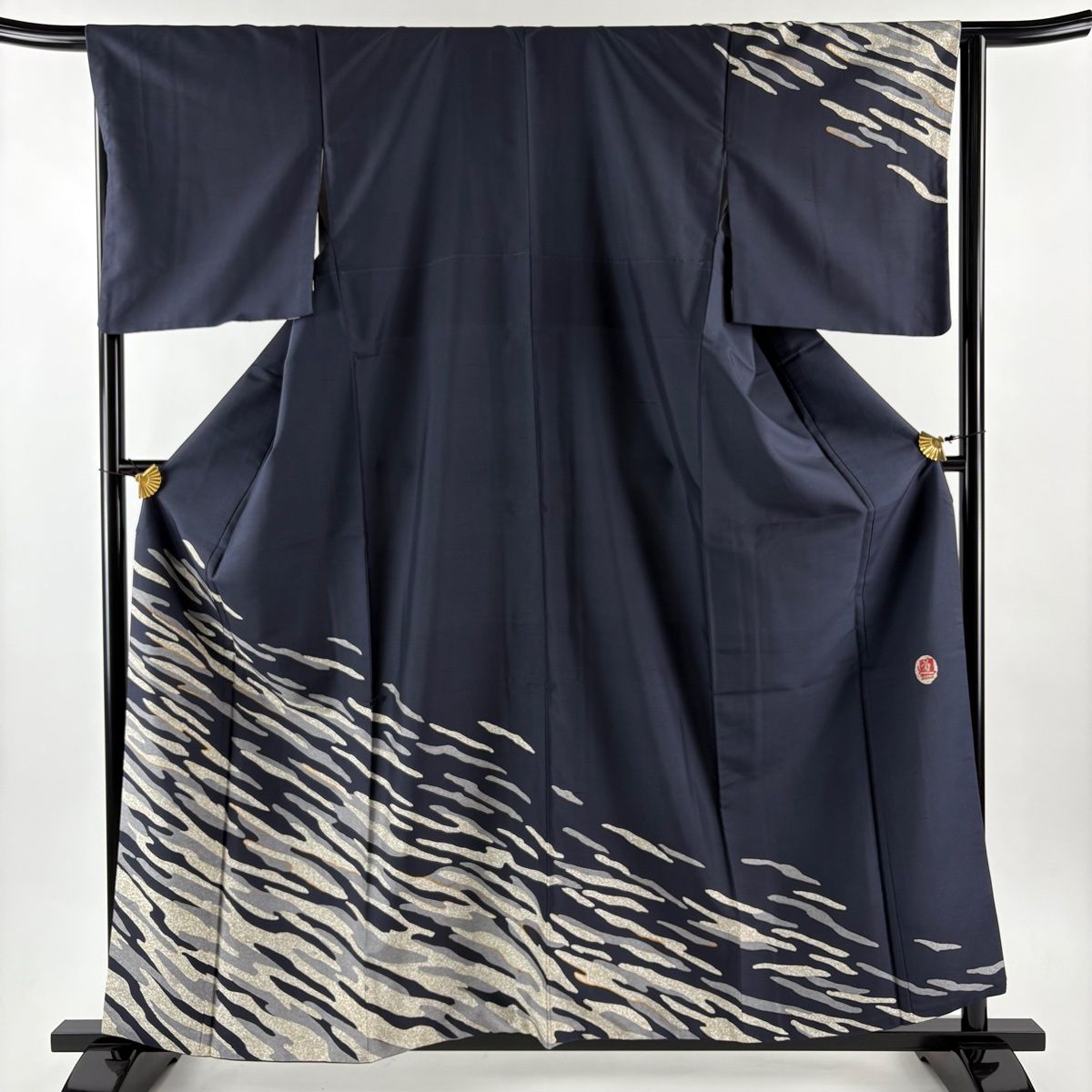 訪問着 身丈160cm 裄丈65.5cm M 袷 紬地 鈴乃屋 落款 霞 金彩 濃紺