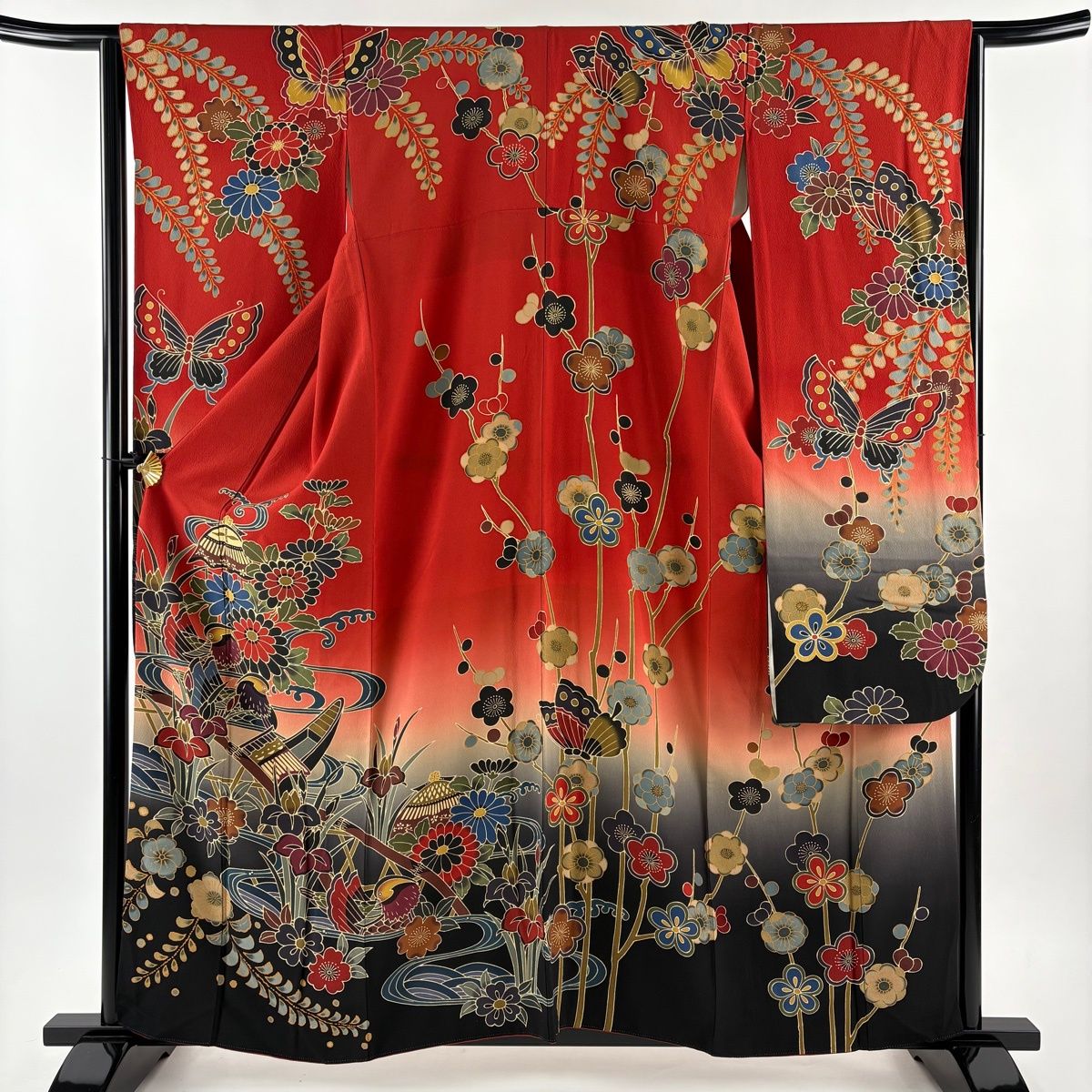 振袖 身丈160.5 cm 裄丈64.5 M 袷 宮崎良次 落款 鴛鴦 菊 染め分け ぼかし 赤 正絹 名品