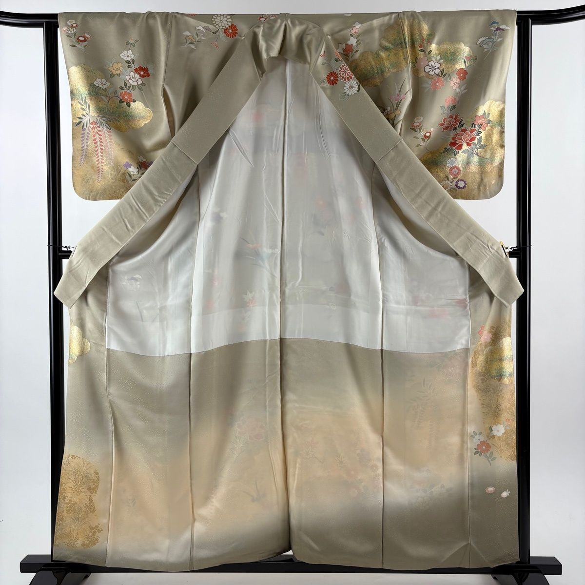  訪問着 身丈159.5 cm 裄丈63.5 S 袷 牡丹 椿 金糸 金彩 灰緑 正絹 訪問着 付け下げ 着物