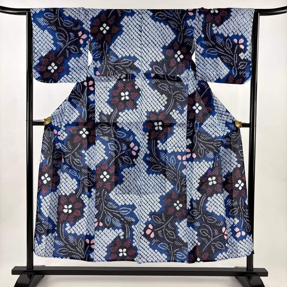 浴衣 身丈151.5 cm 裄丈64 M 絞り浴衣 草花 青 綿