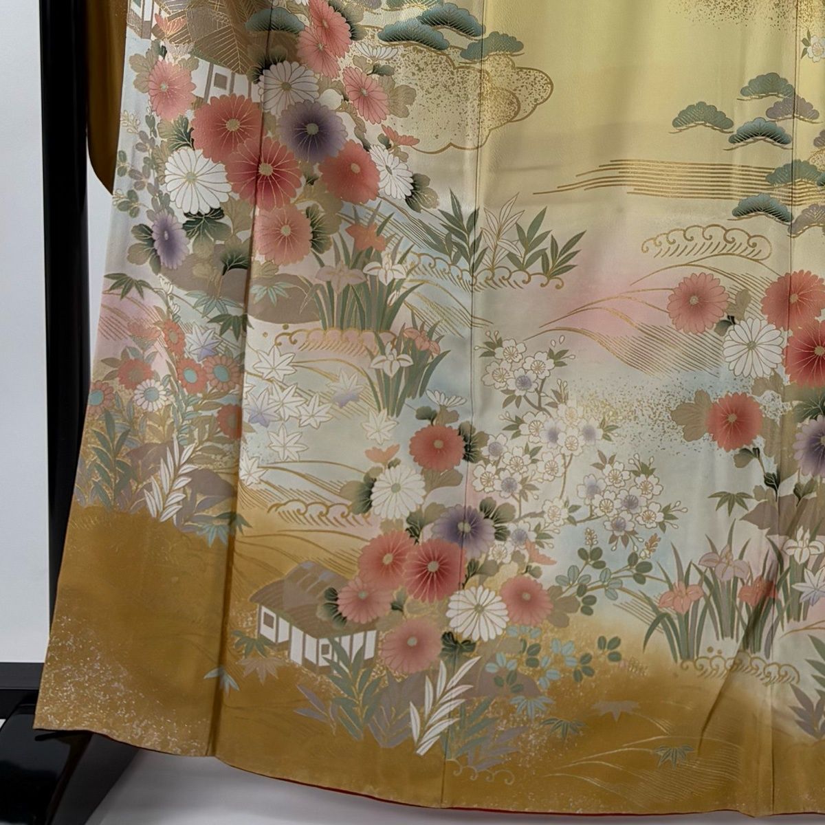 振袖 身丈164 cm 裄丈67 M 袷 松竹梅 菊 金彩 染め分け 薄黄 正絹