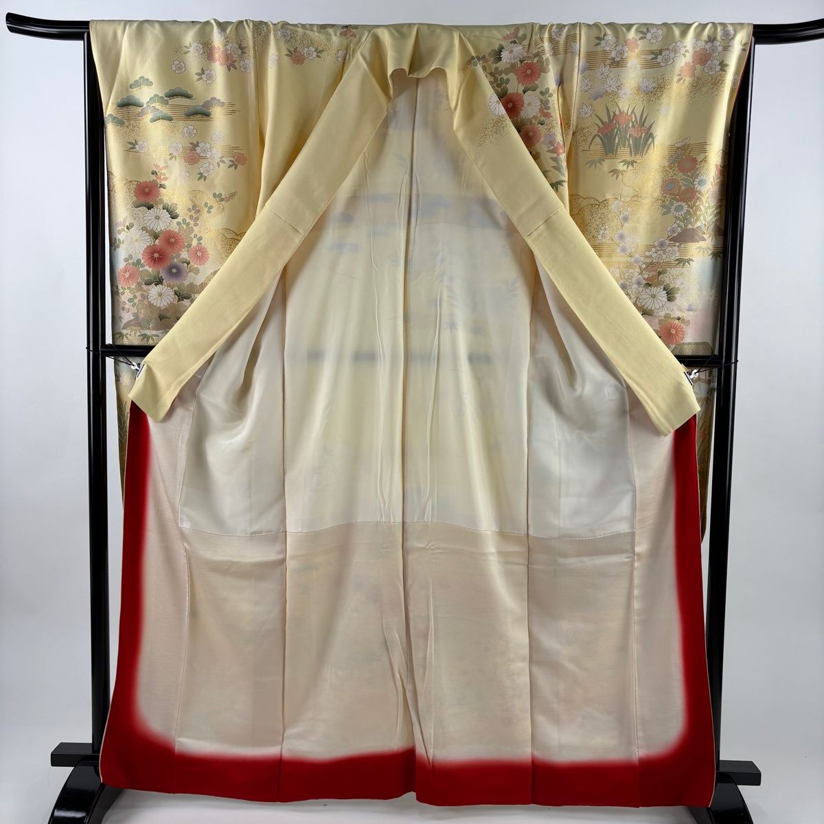  振袖 身丈164 cm 裄丈67 M 袷 松竹梅 菊 金彩 染め分け 薄黄 正絹 振袖 着物
