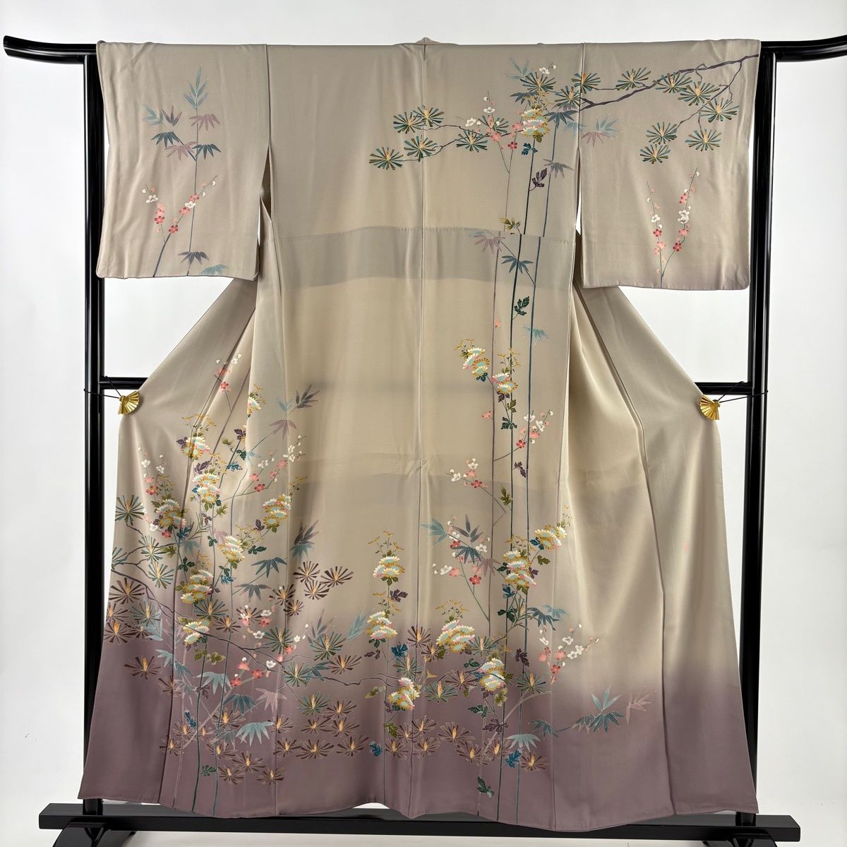 訪問着 身丈154 5 cm 裄丈63 S 袷 前川哲 落款 松竹梅 菊 ぼかし 灰茶 正絹