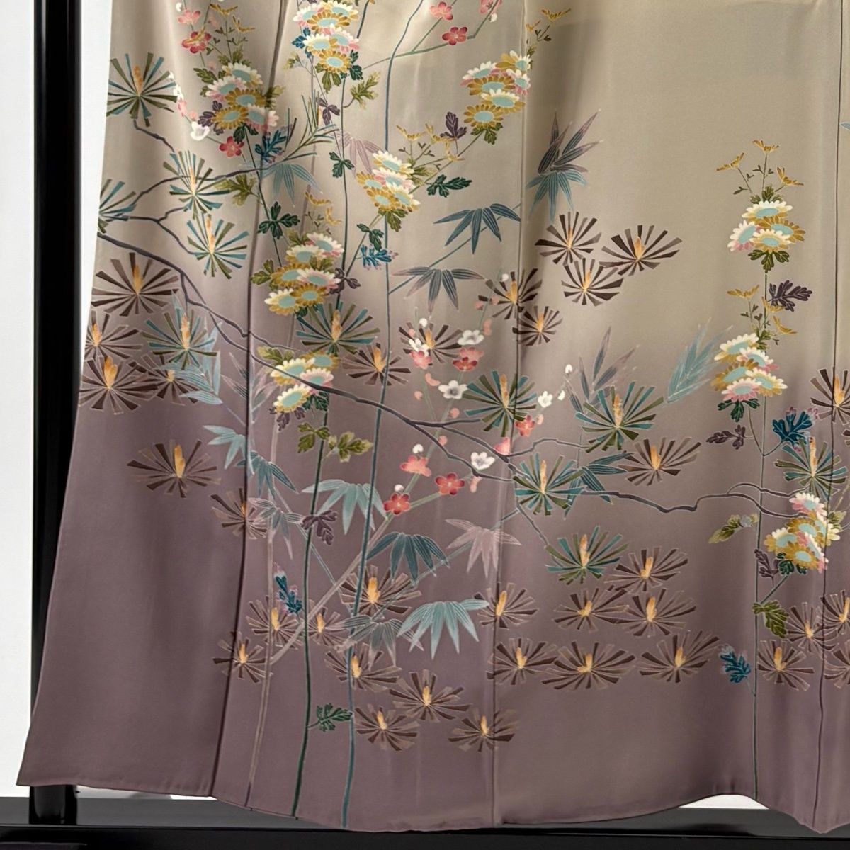 訪問着 身丈154.5 cm 裄丈63.5 S 袷 前川哲 落款 松竹梅 菊 ぼかし 灰茶 正絹 名品