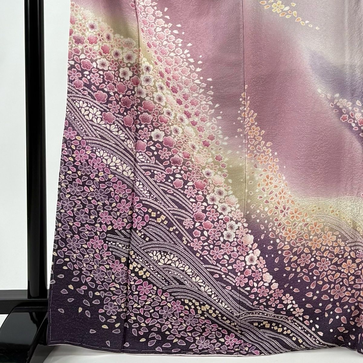 訪問着 身丈168 cm 裄丈67.5 L 袷 桜 波 銀通し 絞り 薄紫 正絹