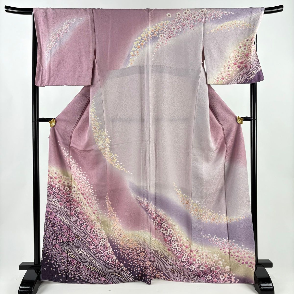 訪問着 身丈168 cm 裄丈67.5 L 袷 桜 波 銀通し 絞り 薄紫 正絹 名品