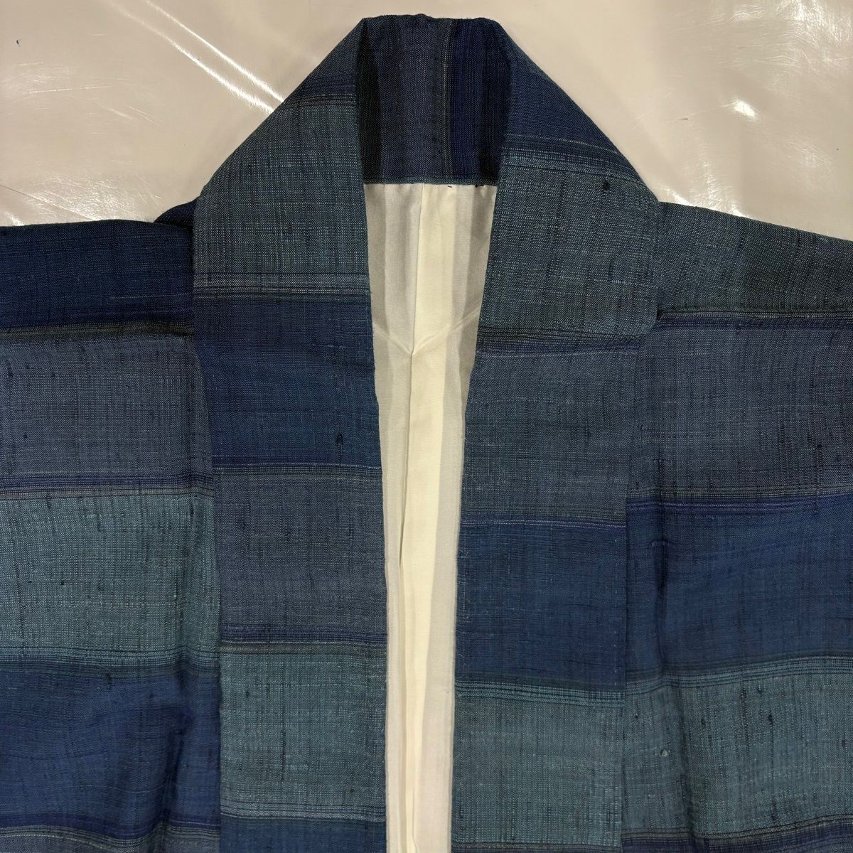  紬 身丈155.5 cm 裄丈63.5 S 袷 バチ衿 横縞 藍色 正絹 紬 着物