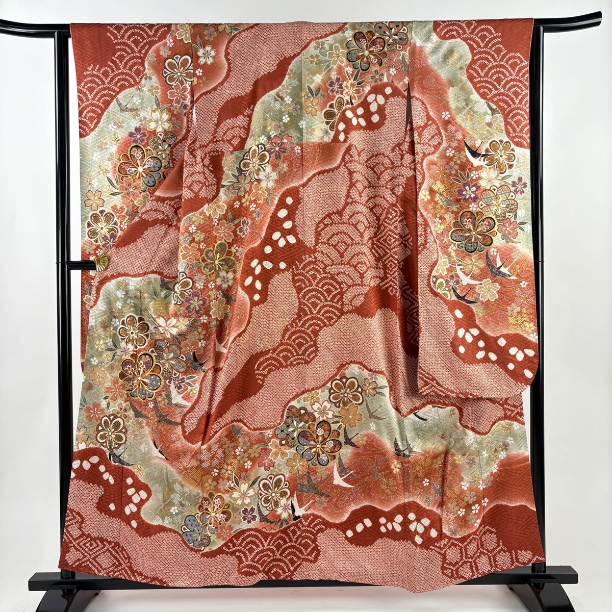 振袖 身丈157 cm 裄丈63 S 袷 梅 鶴 金糸 絞り 茜色 正絹 名品