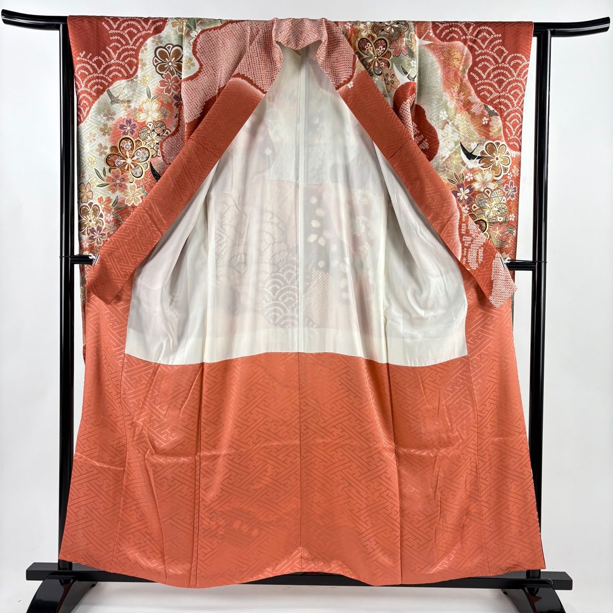  振袖 身丈157 cm 裄丈63 S 袷 梅 鶴 金糸 絞り 茜色 正絹 振袖 着物