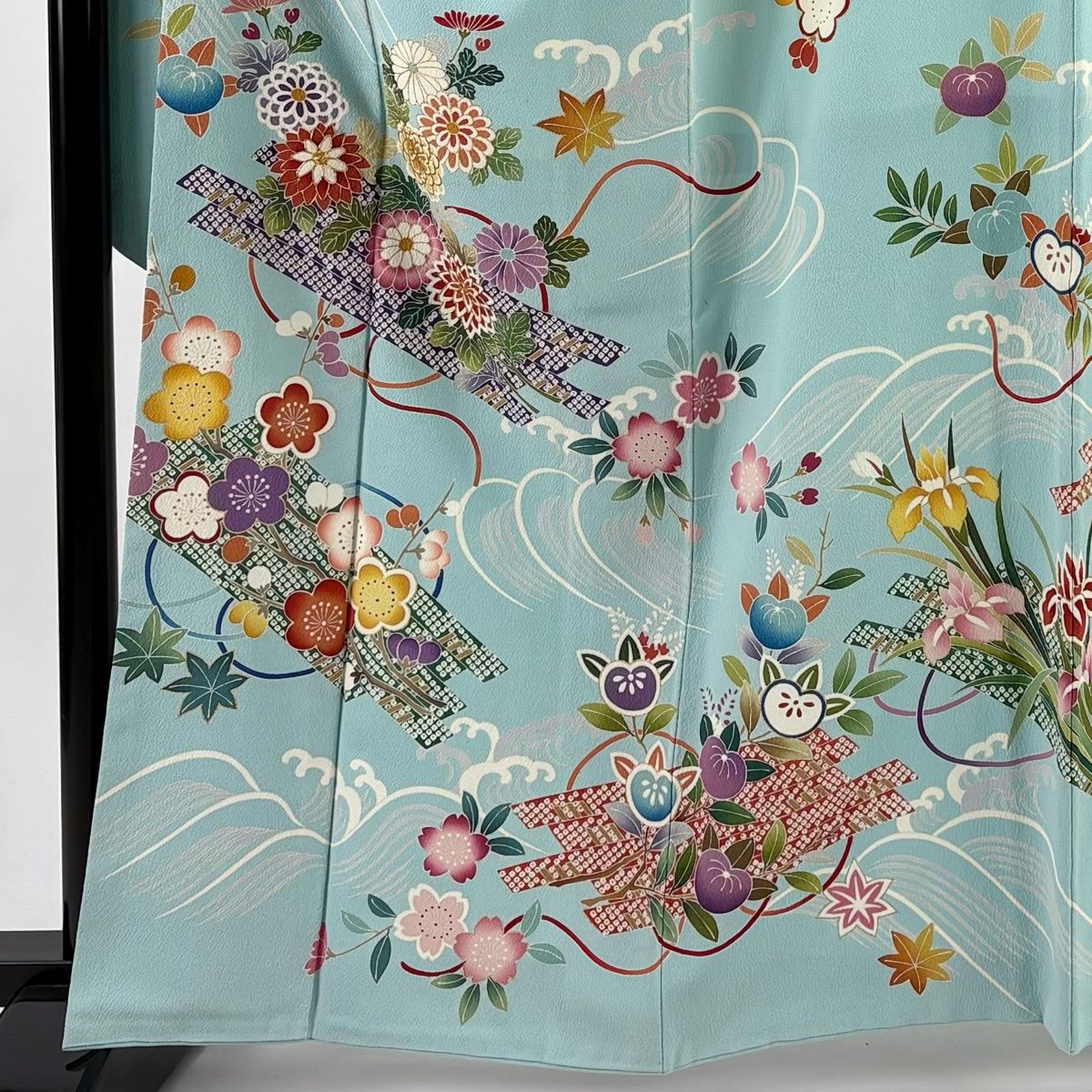 振袖 身丈163 cm 裄丈67.5 L 袷 花筏 波 金糸 金彩 水色 正絹