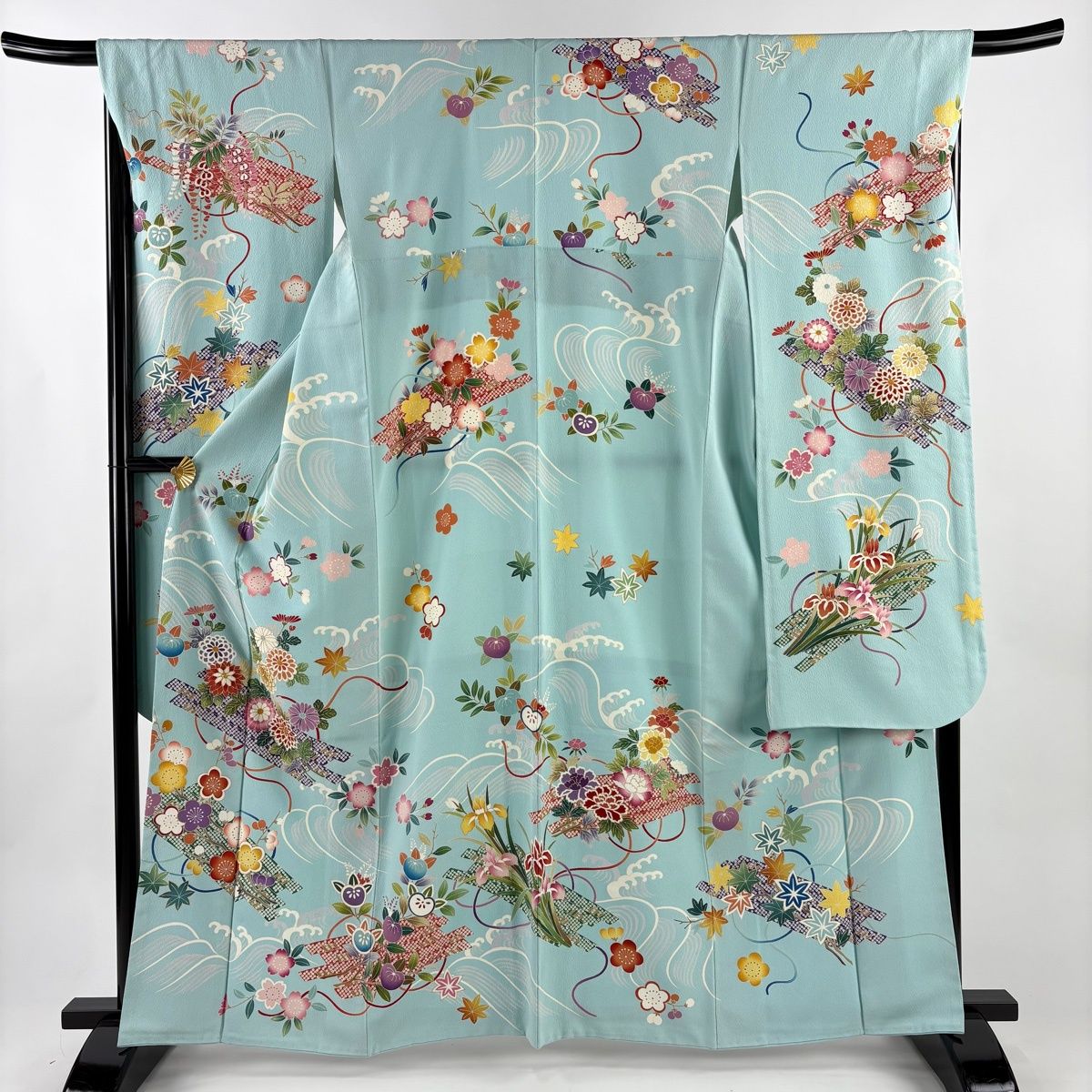振袖 身丈163 cm 裄丈67.5 L 袷 花筏 波 金糸 金彩 水色 正絹 名品