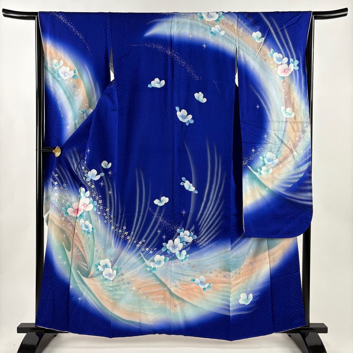 振袖 身丈160 cm 裄丈65.5 M 袷 椿 鳥 金銀彩 銀通し 青 正絹