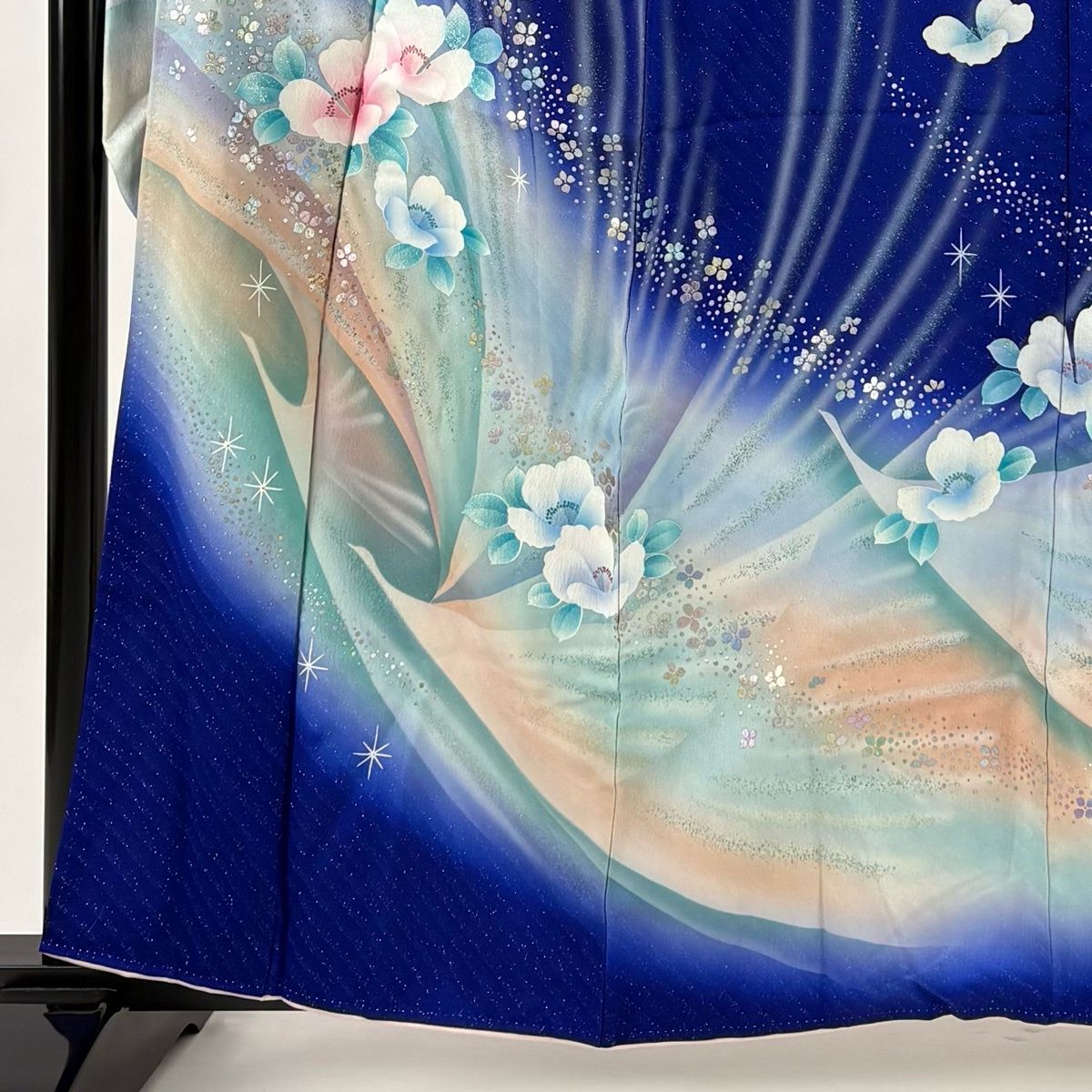 振袖 身丈160 cm 裄丈65.5 M 袷 椿 鳥 金銀彩 銀通し 青 正絹