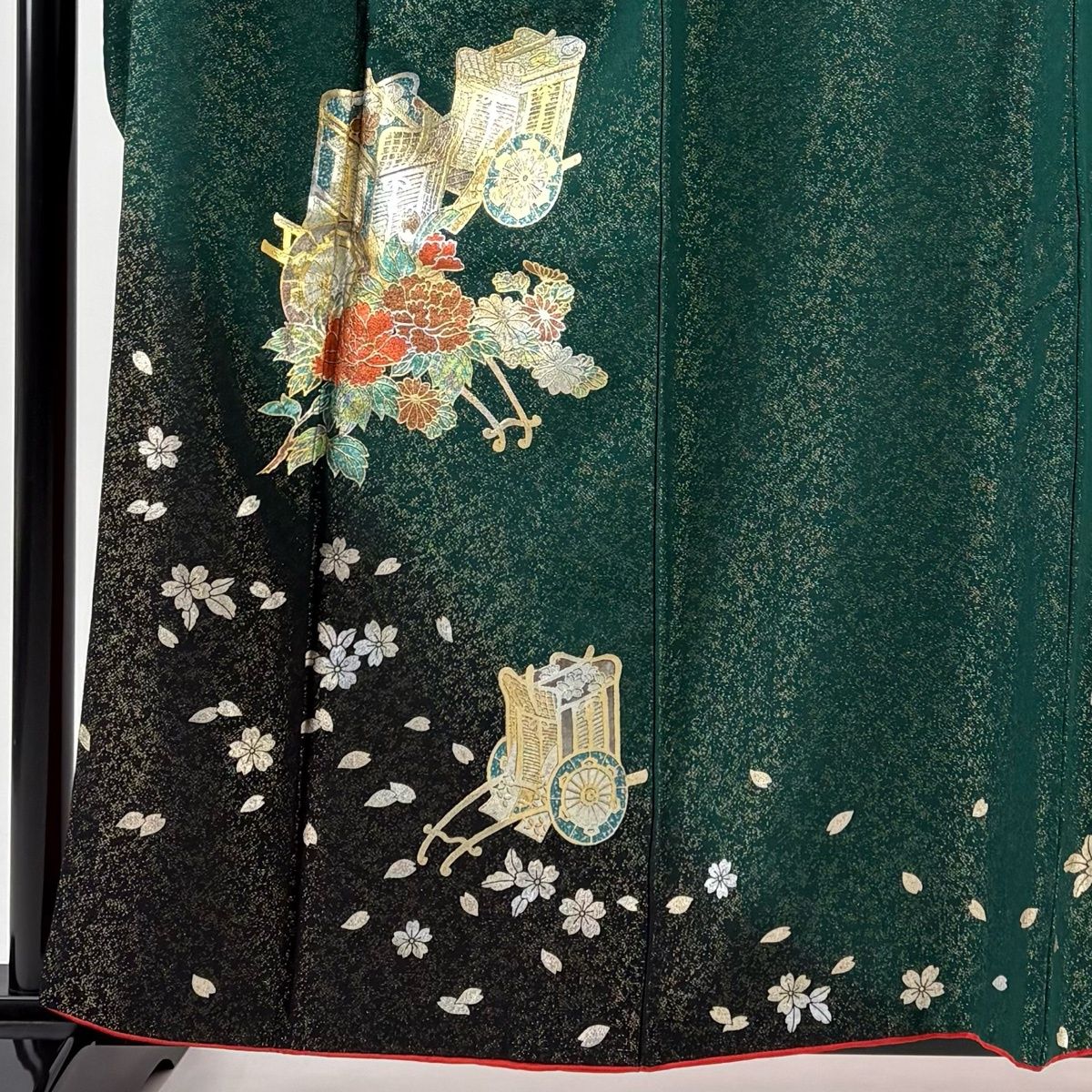 振袖 身丈159 cm 裄丈64 M 袷 御所車 牡丹 金通し 金銀彩 緑 正絹 名品