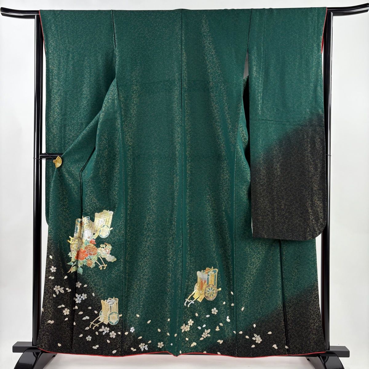振袖 身丈159 cm 裄丈64 M 袷 御所車 牡丹 金通し 金銀彩 緑 正絹 名品
