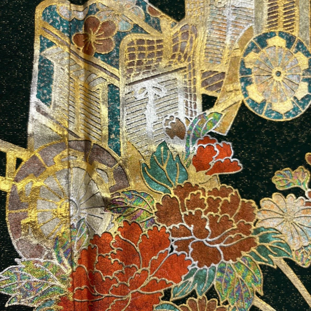  振袖 身丈159 cm 裄丈64 M 袷 御所車 牡丹 金通し 金銀彩 緑 正絹 振袖 着物
