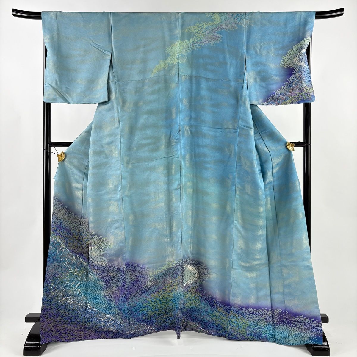 訪問着 身丈166.5 cm 裄丈68.5 L 袷 鈴乃屋 幾何学模様 流水 金通し 金彩 水色 正絹 名品