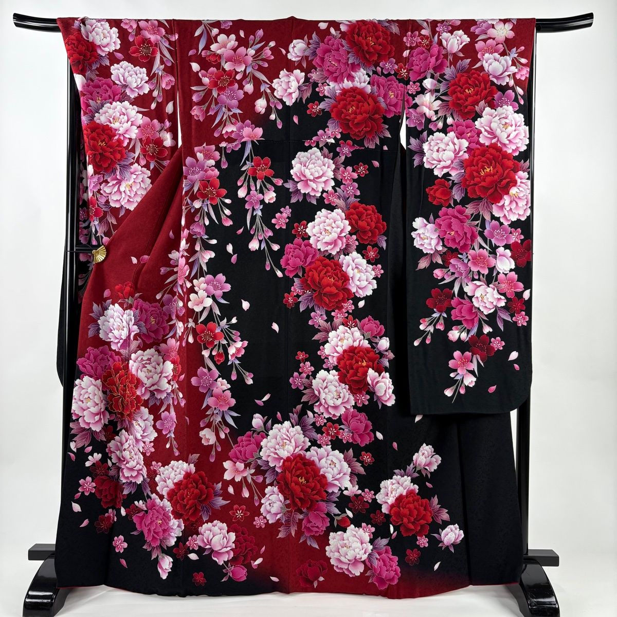 振袖 身丈166.5 cm 裄丈68.5 L 袷 牡丹 枝垂れ桜 箔 染め分け 赤 正絹